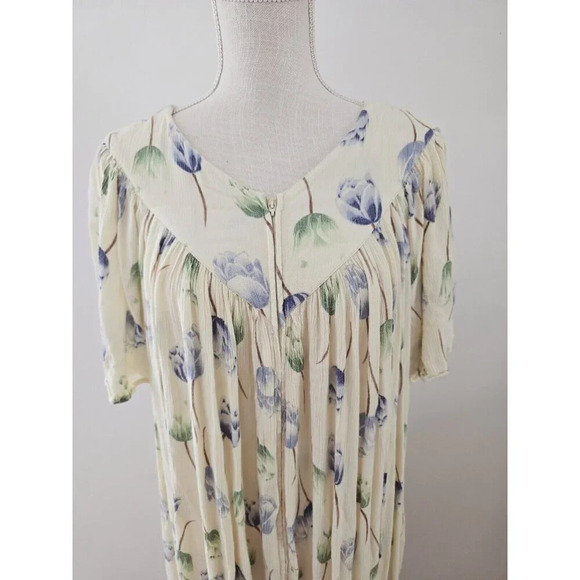 Go Softly Patio Yellow Blue Floral Flowers Front Zip Rayon Mumu House Dress S - Picture 2 of 9